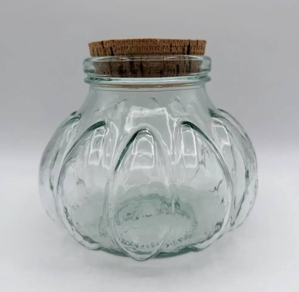 Italian Pumpkin Shaped Green Glass Apothecary Jar Canister 6” Cork Lid Italy